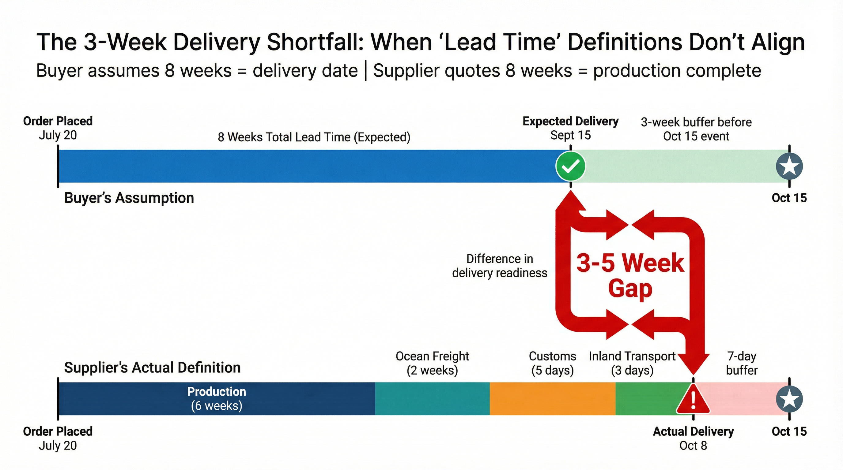 Timeline comparison showing buyer's assumption of 8-week delivery versus supplier's actual 11-week timeline, highlighting a 3-week delivery gap that creates operational disruption