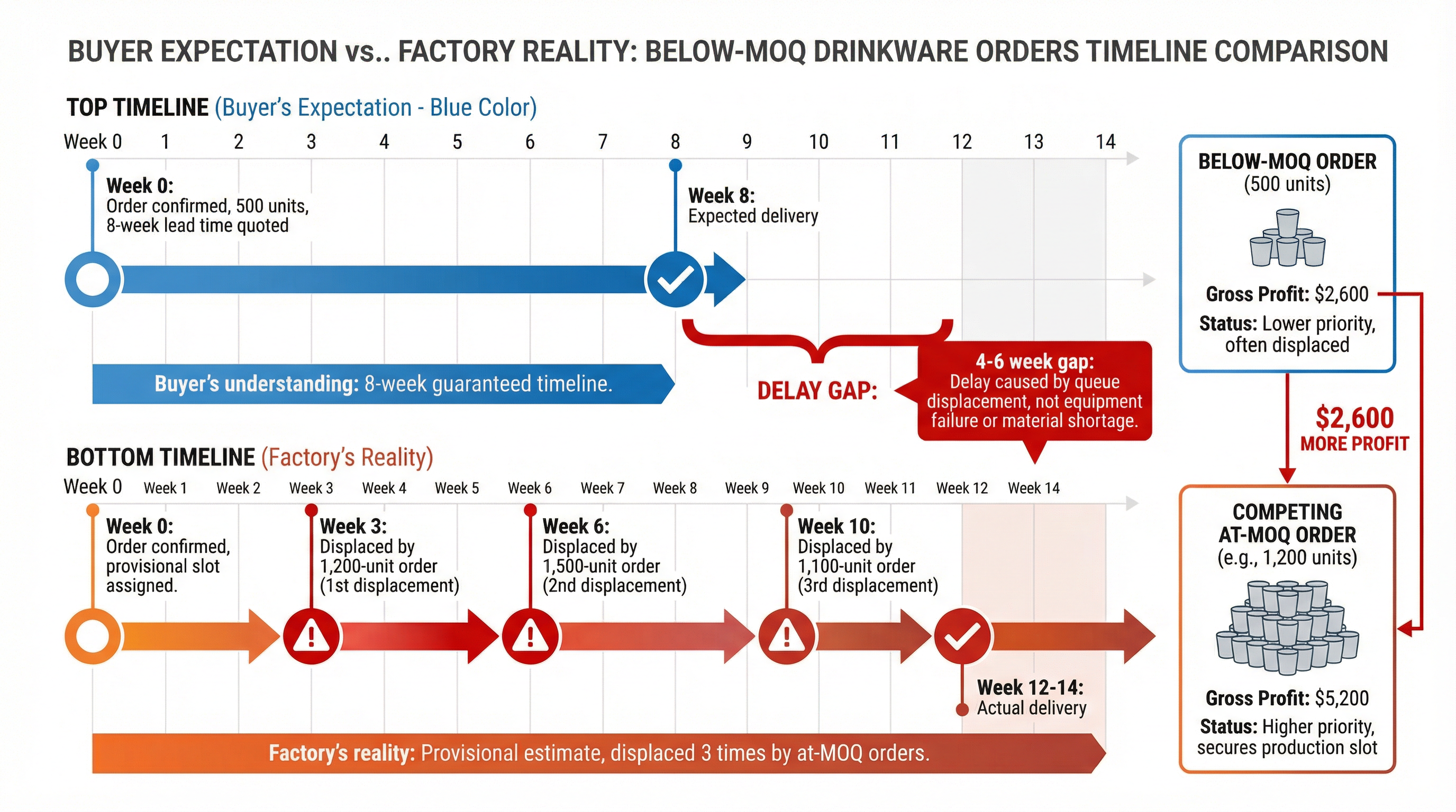Timeline comparison showing buyer expectation versus factory reality for below-MOQ drinkware orders with displacement events