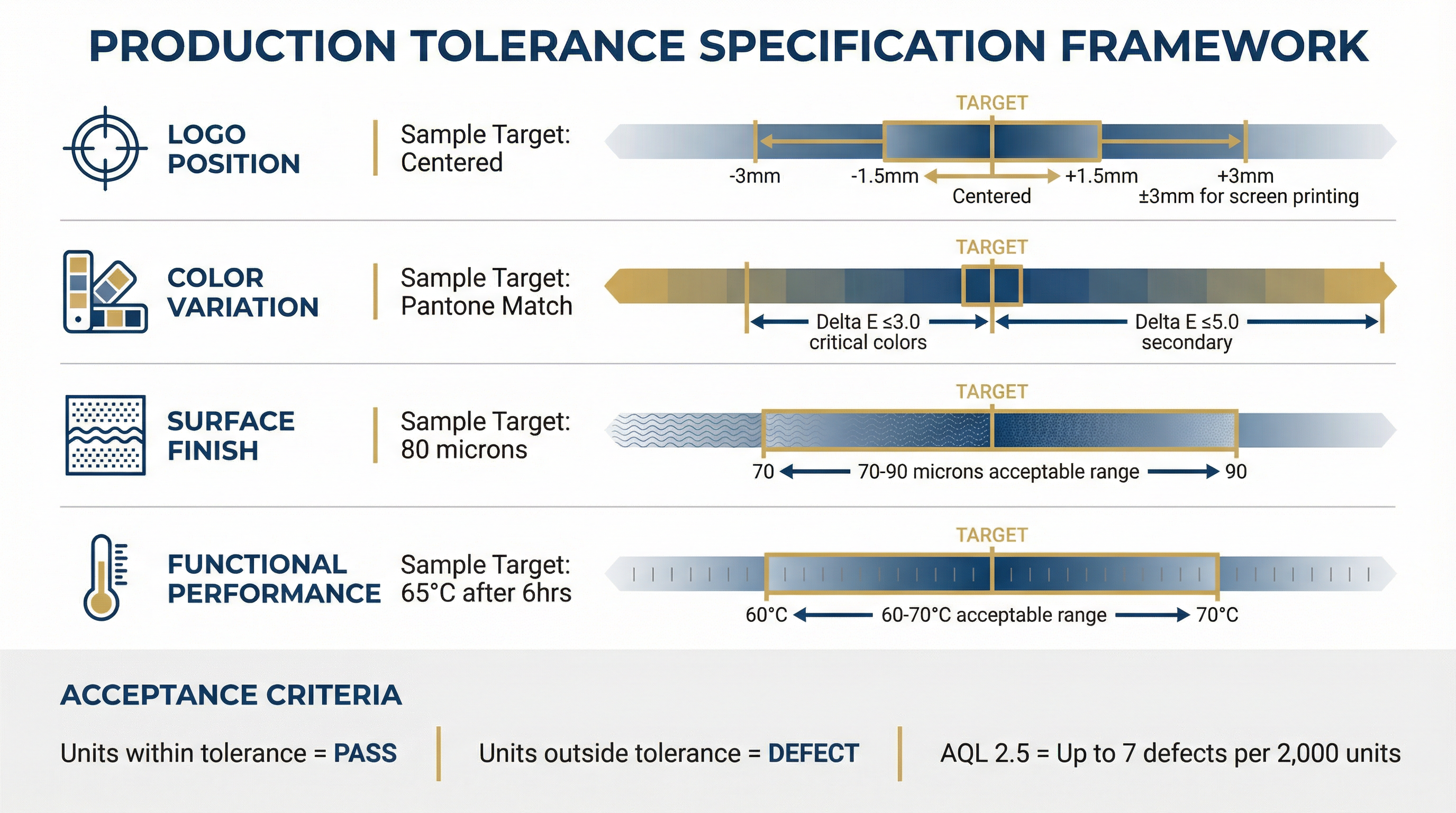 Tolerance specification framework showing acceptable variation ranges for custom drinkware production