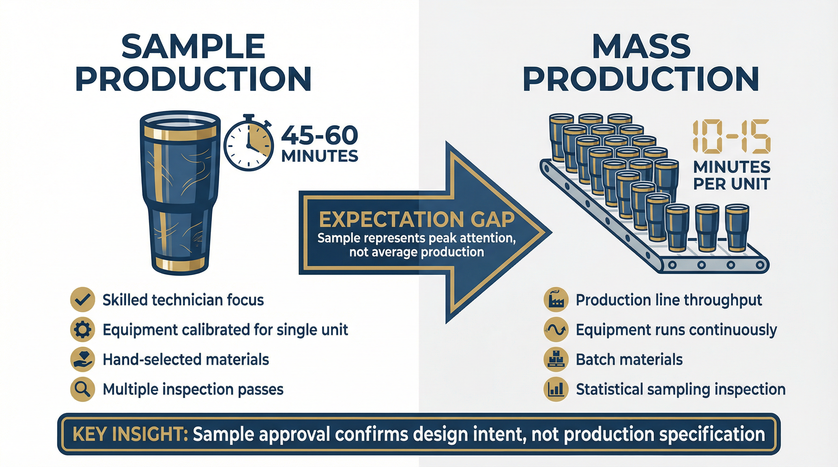 The Sample Approval Illusion: Why Your Approved Custom Tumbler Sample Is Not a Production Specification