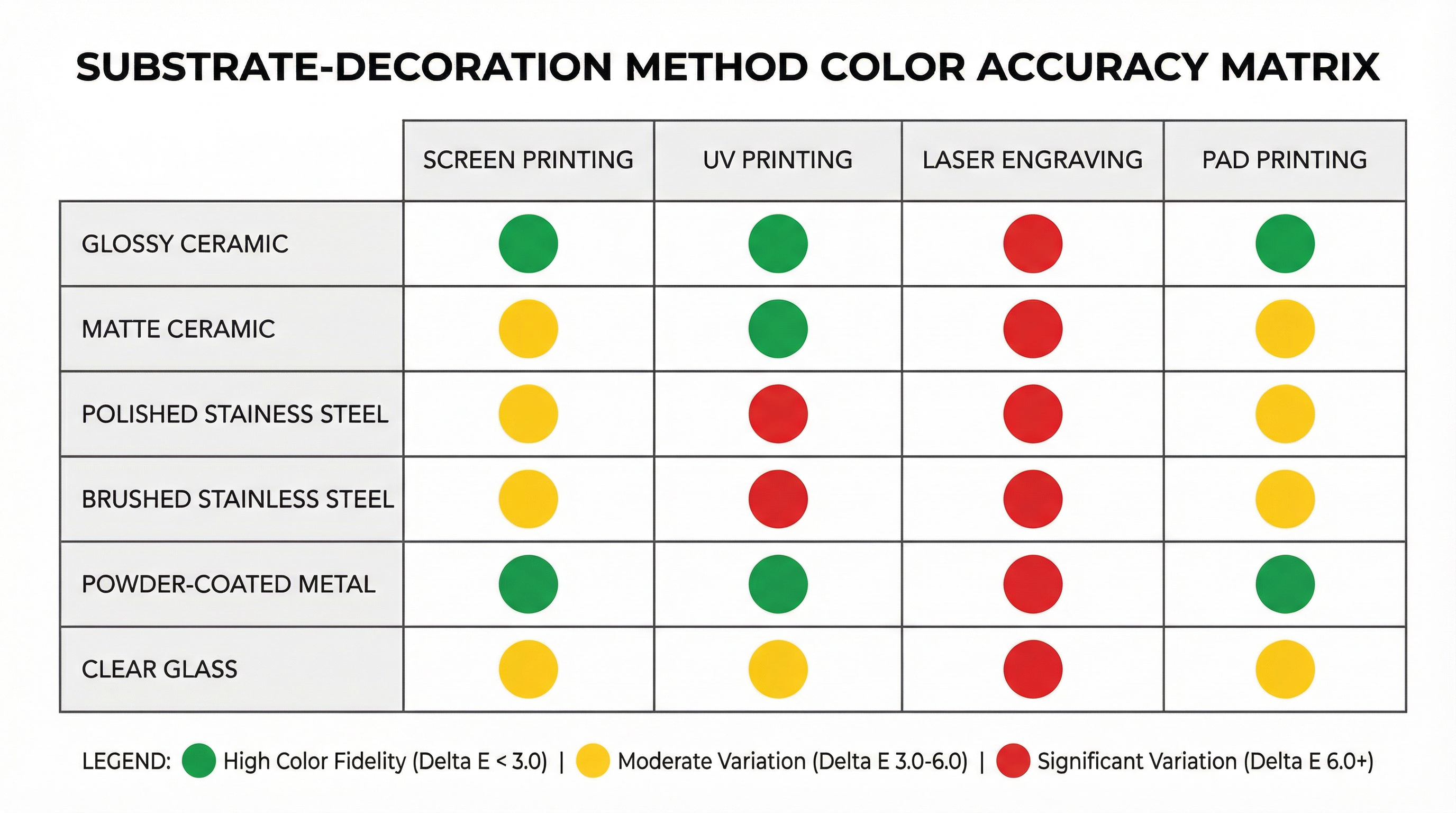Substrate-decoration method compatibility matrix for color accuracy